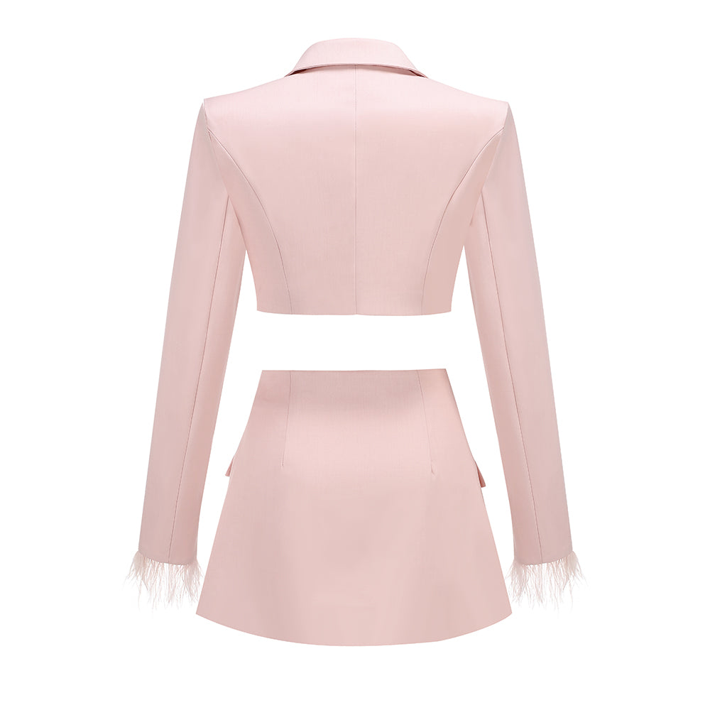 Long Sleeve Feather Two Piece Dress Pink HV1261