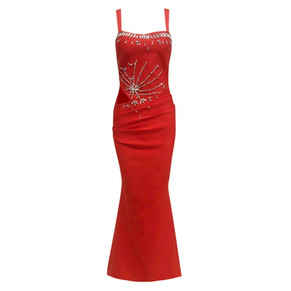 Crystal Draped Maxi Dress Red