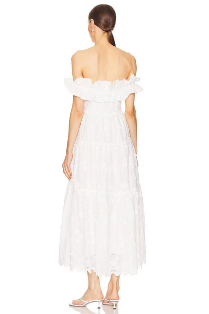 Ruffle Bardot A Line Midi Broderie Anglaise Dress White HV1407