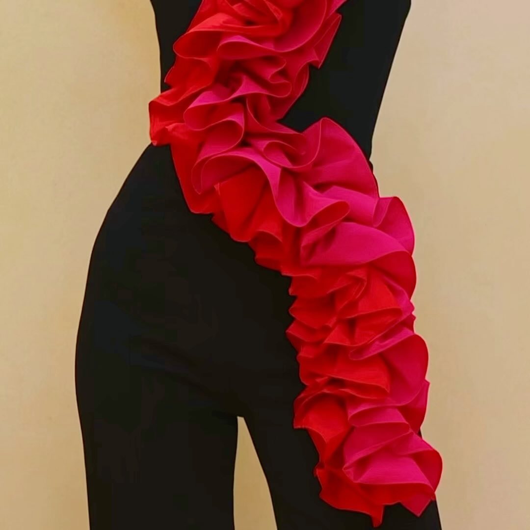 Strapless Ruffle Jumpsuit Black   HV1604