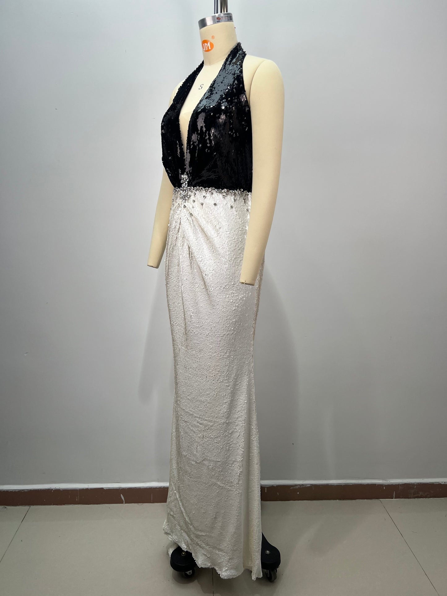 Halter Crystal Detail Sequin Maxi Dress Black White HV2872