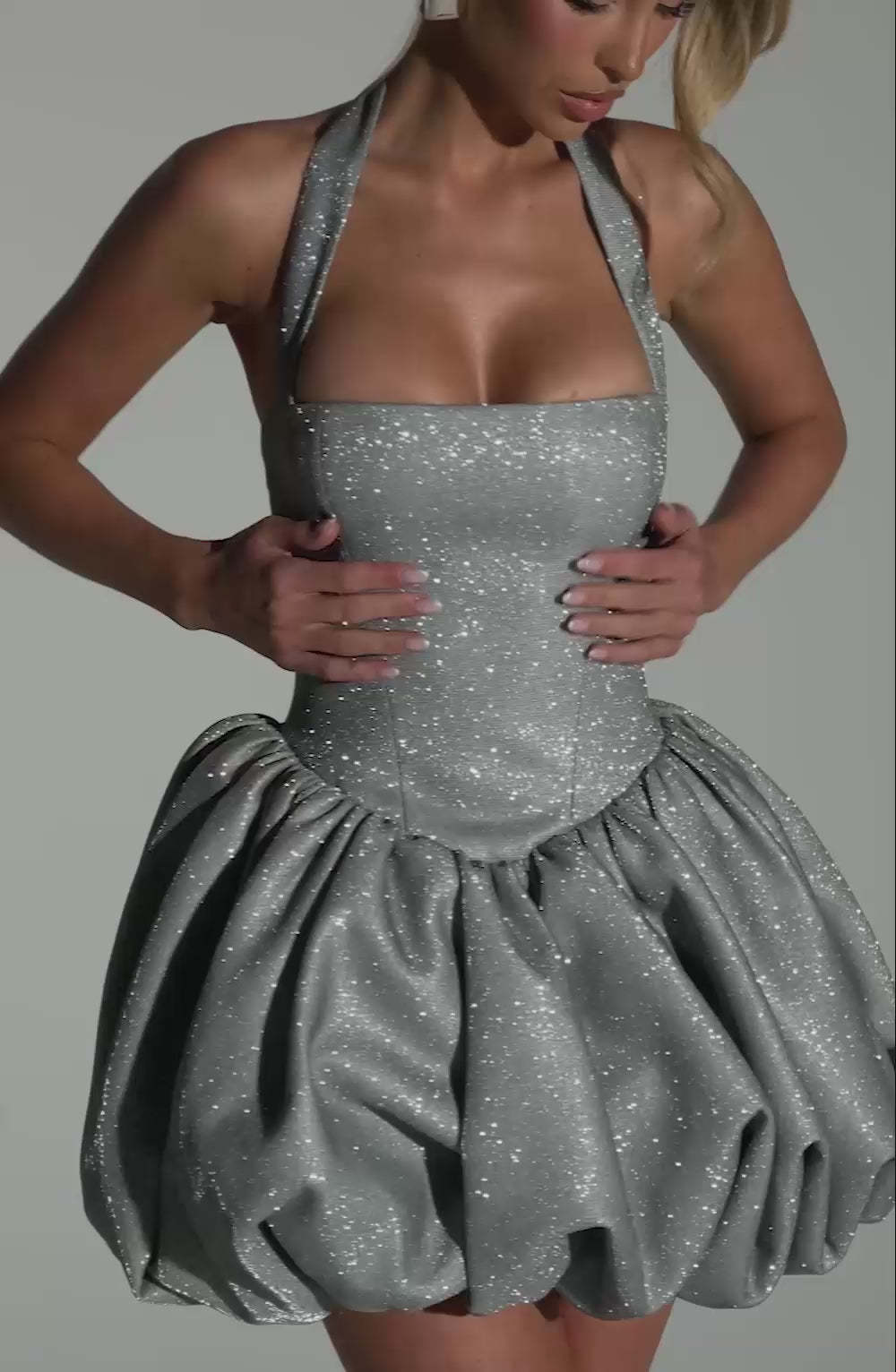 Halter Sparkly Bubble Corset Dress Silver HV2749