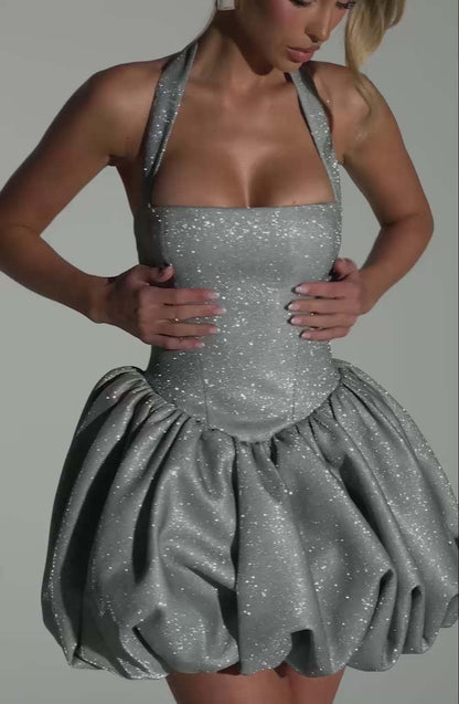 Halter Sparkly Bubble Corset Dress Silver HV2749