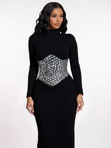 Long Sleeve Crystal Waist Maxi Dress Black HV3046