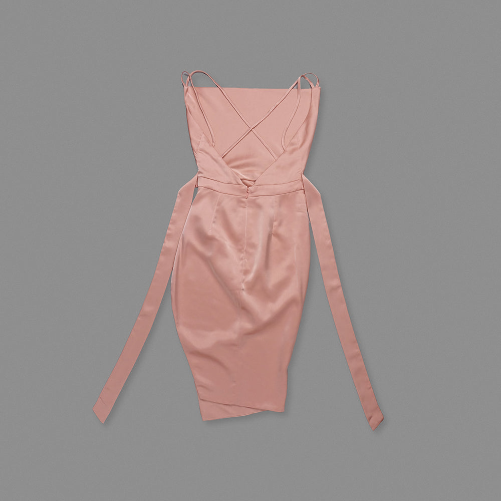 Draped Strappy Back Midi Silk Dress Pink HV0004