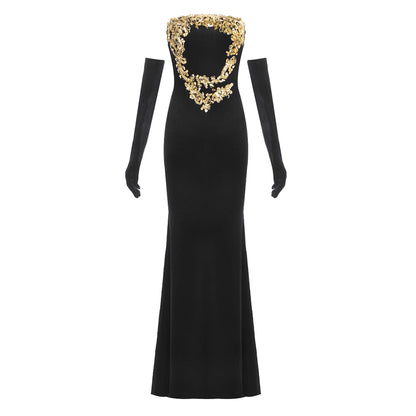 Strapless Gold Applique Maxi Velvet Dress Black HV2151
