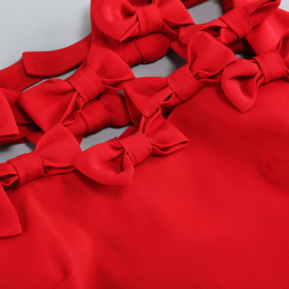 Short Sleeve Bow Detail A Line Dress Red  HV1361