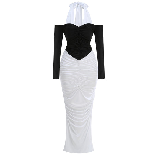 Halter Long Sleeve Draped Maxi Dress Black White HV2886