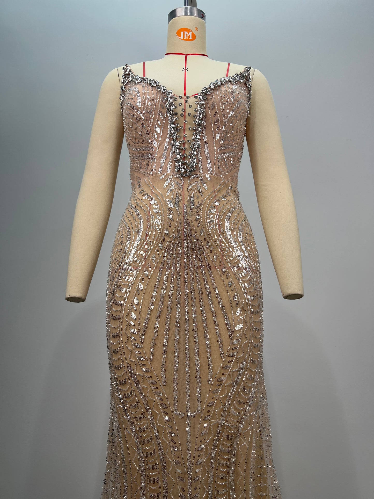 Strapless Crystal Sequin Maxi Dress Nude HV2196