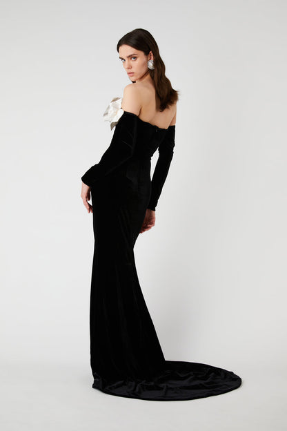 Long Sleeve Bow Bardot Maxi Velvet Dress Black HV1625