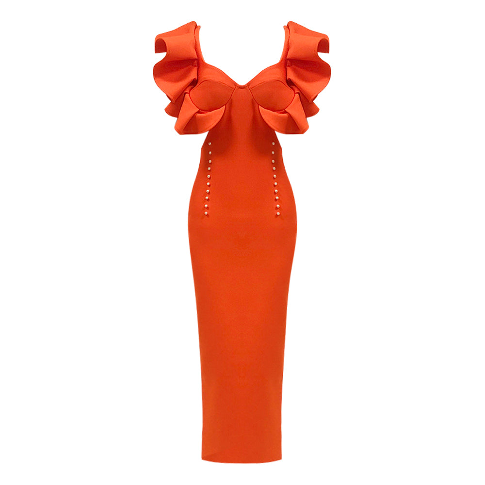 Ruffle Sleeve Bustier Midi Dress Orange HV1597