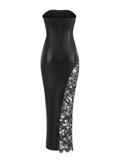 Strapless Sequin Lace Maxi Faux Leather Dress Black