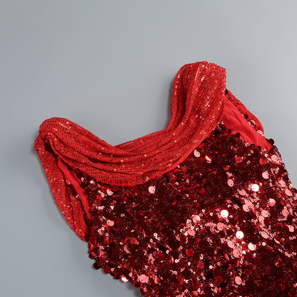Draped Sequin Maxi Dress Red Silver HV1924