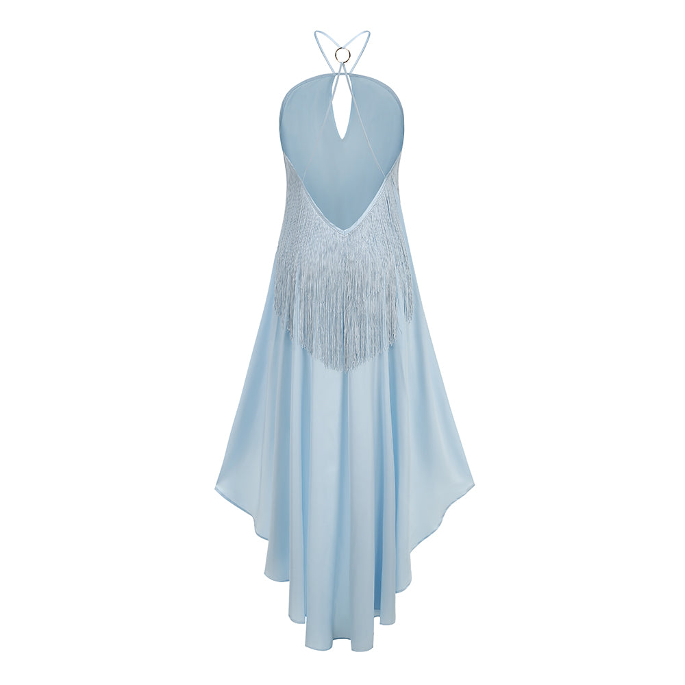 Halter Tassel High Low Dress Blue HV3132