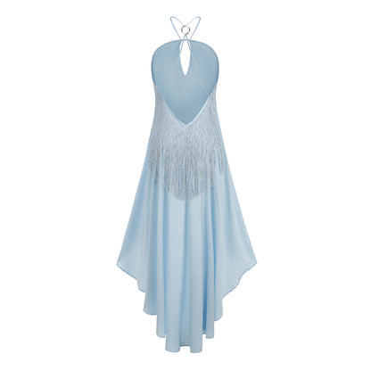 Halter Tassel High Low Dress Blue HV3132