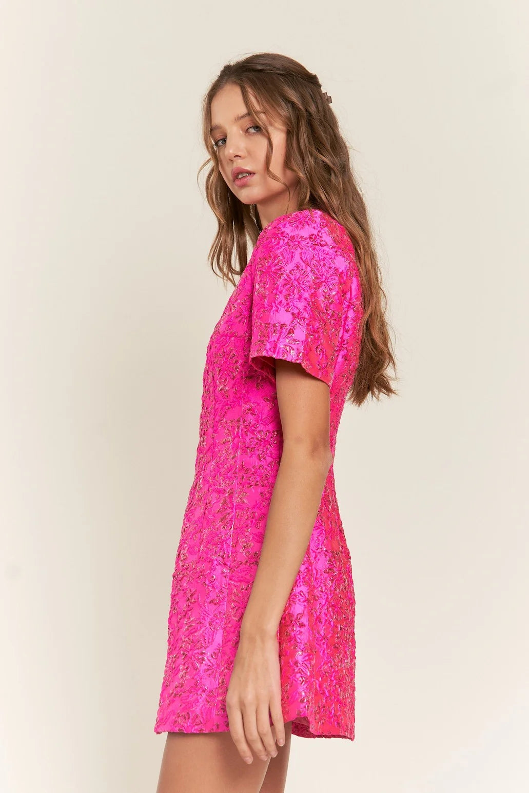 Short Sleeve Floral Sequin Dress Hot Pink HV1309