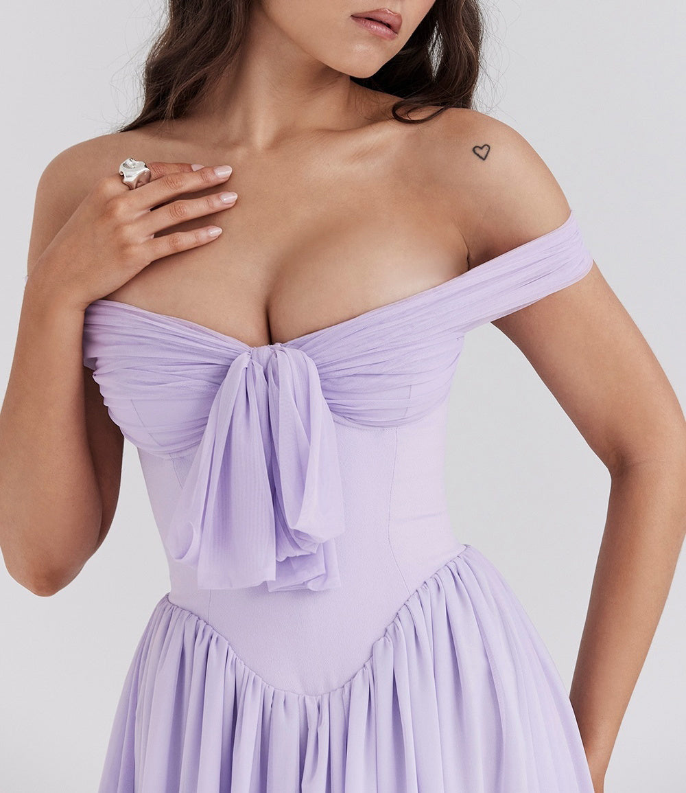 Draped Bardot Bow A Line Dress Lavender HV2635