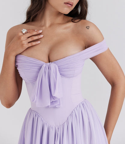 Draped Bardot Bow A Line Dress Lavender HV2635