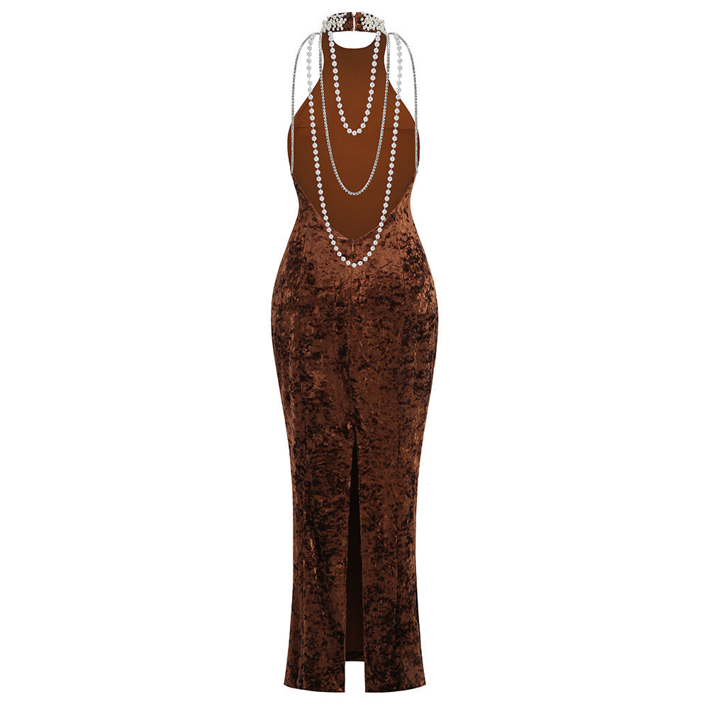 Halter Pearl Embellished Maxi Velvet Dress Brown HV2916