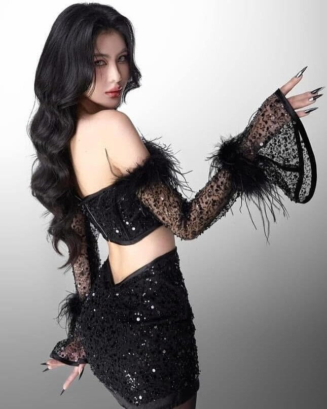 Long Sleeve Feather Bardot Sequin Two Piece Dress Black HV2447