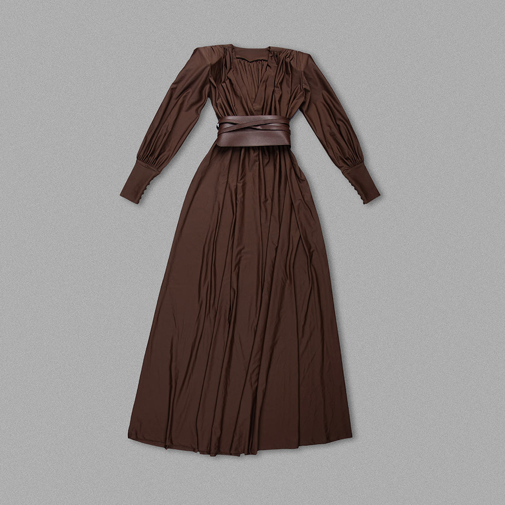 Long Sleeve Plunge V Neck Maxi Dress Brown HV1080