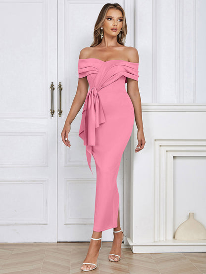 Draped Off Shoulder Maxi Dress Pink HV9671