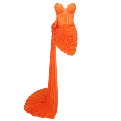 Strapless Corset Sequin Draped Dress Orange HV1679