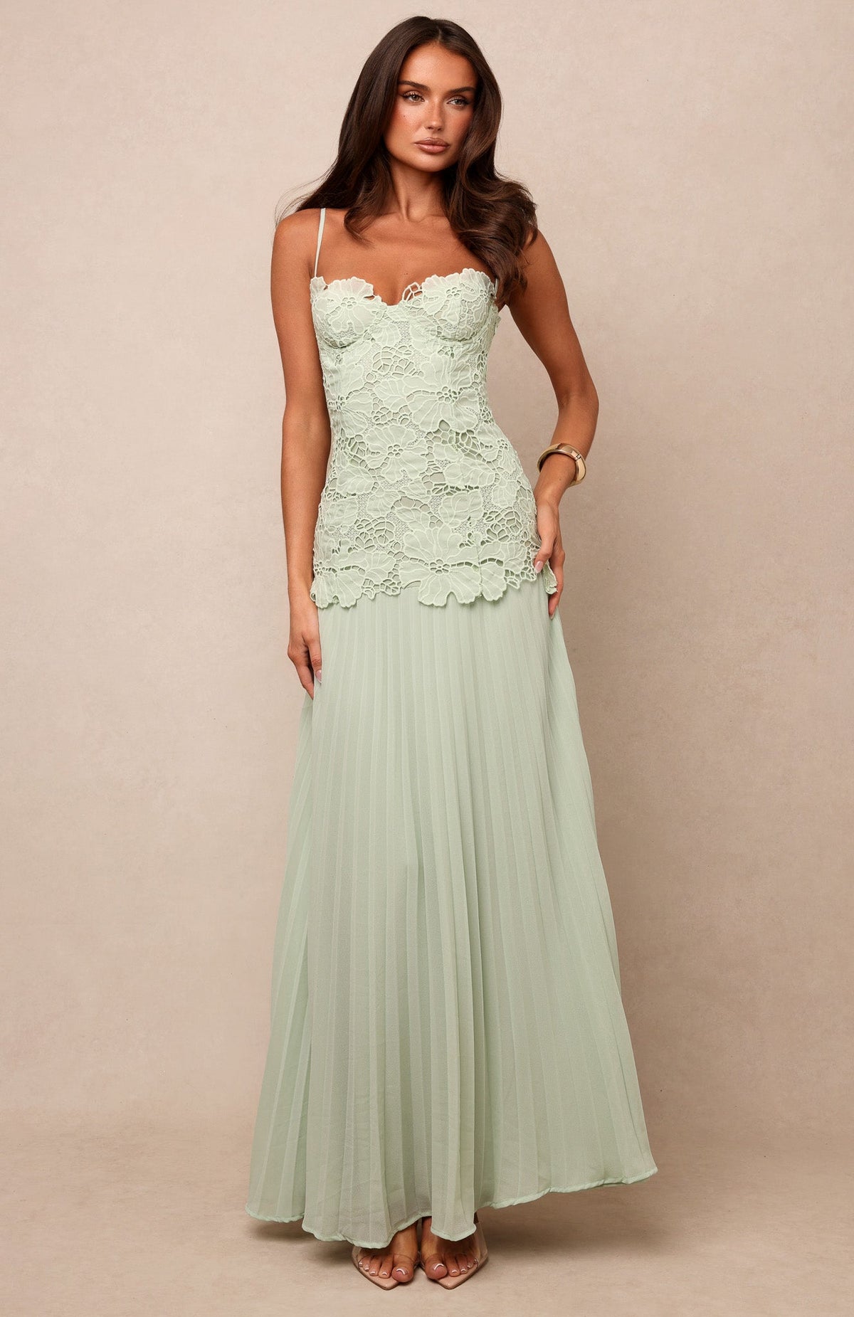 Lace Bustier Pleated A Line Maxi Dress Green HV3236