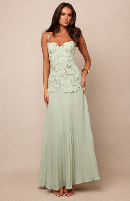 Lace Bustier Pleated A Line Maxi Dress Green HV3236