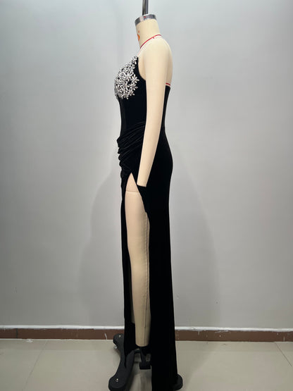 Strapless Crystal Floral Maxi Velvet Dress Black HV1677