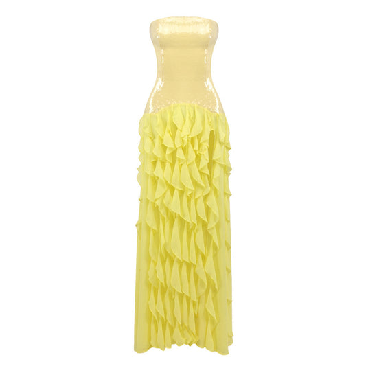 Strapless Sequin Ruffle Maxi Dress Yellow HV0047