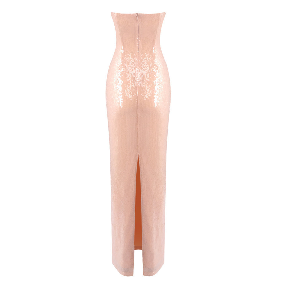 Strapless Shell Bustier Sequin Maxi Dress Coral Pink HV0053