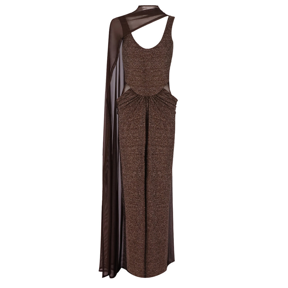 Mesh Insert Sparkly Maxi Dress Brown HV0061