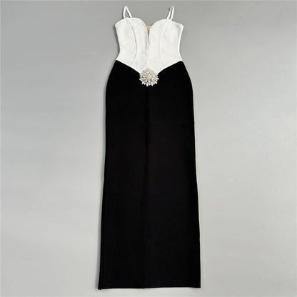 Crystal Floral Detail Maxi Dress Black White HV2352