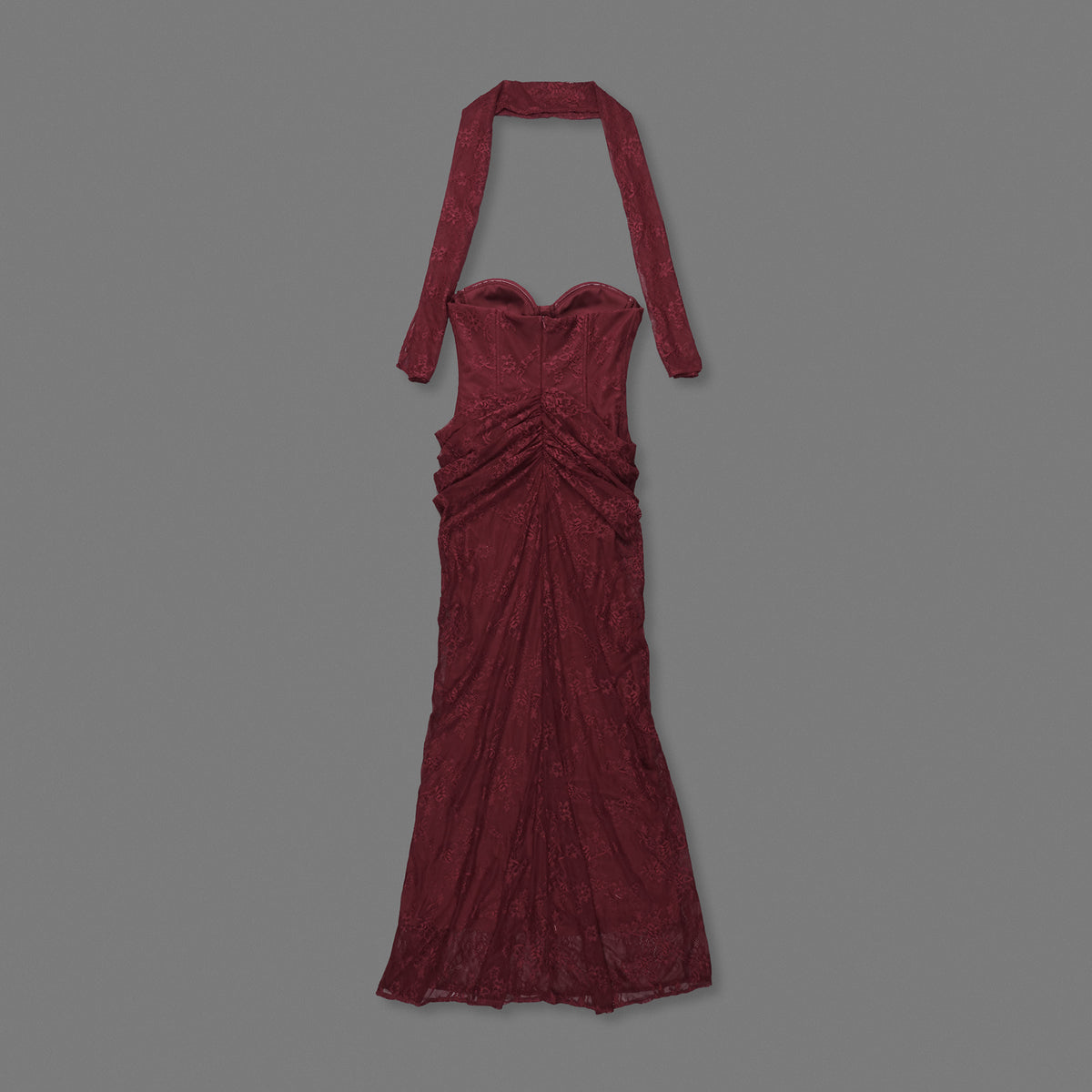 Strapless Draped Lace Bustier Maxi Dress Burgundy HV2706