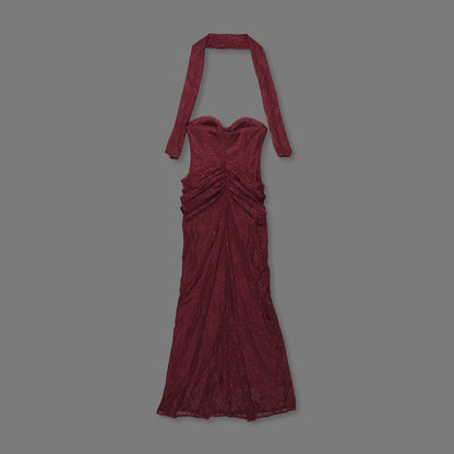 Strapless Draped Lace Bustier Maxi Dress Burgundy HV2706
