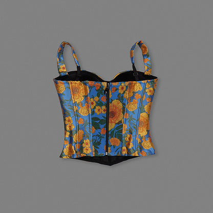 Floral Structured Bustier Top Blue Orange HV3039