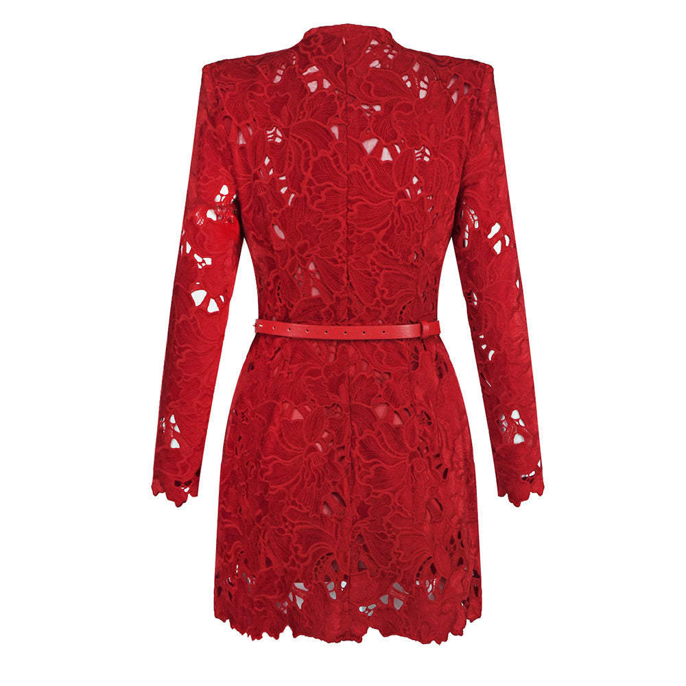 Long Sleeve Crochet Dress Red HV2676