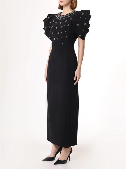 Draped Short Sleeve Crystal Maxi Dress HV2802