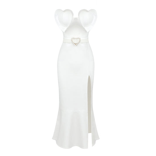 Strapless Heart Detail Belt Midi Dress White HV9638