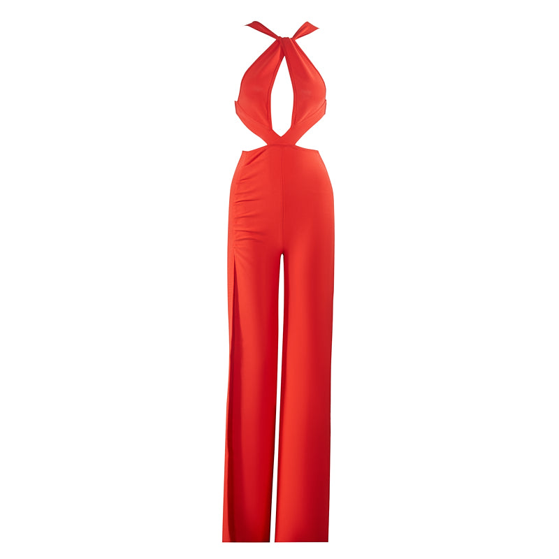 Halter Cut Out Detail Jumpsuit Red