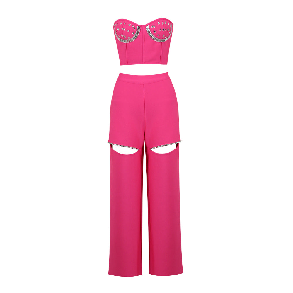 Strapless Crystal Bustier Two Piece Jumpsuit Hot Pink HV9772