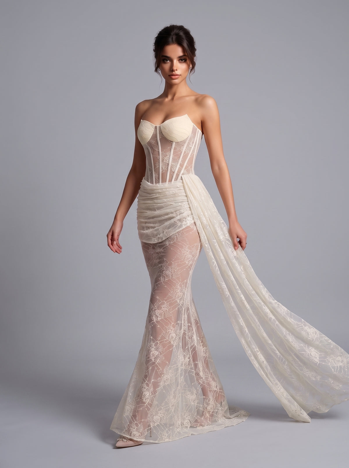 Strapless Draped Lace Bustier Maxi Dress Ivory HV3230