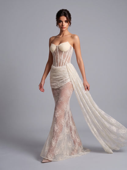 Strapless Draped Lace Bustier Maxi Dress Ivory HV3230