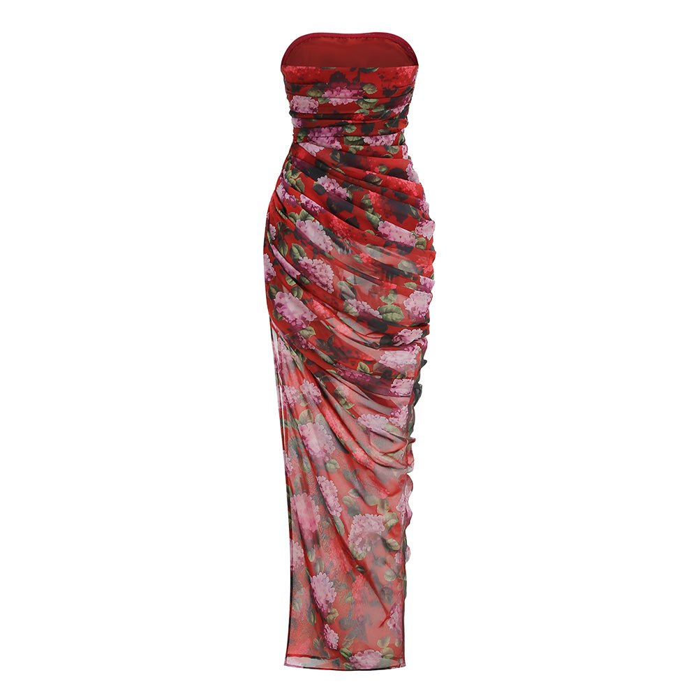 Strapless Draped Floral Maxi Dress Red HV3174