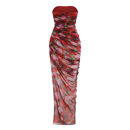 Strapless Draped Floral Maxi Dress Red HV3174