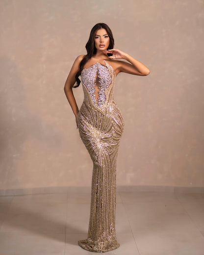 Strapless Sequin Maxi Dress Silver Gold HV1783