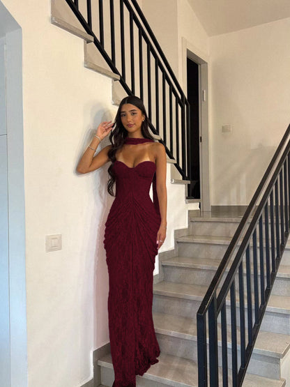 Strapless Draped Lace Bustier Maxi Dress Burgundy HV2706