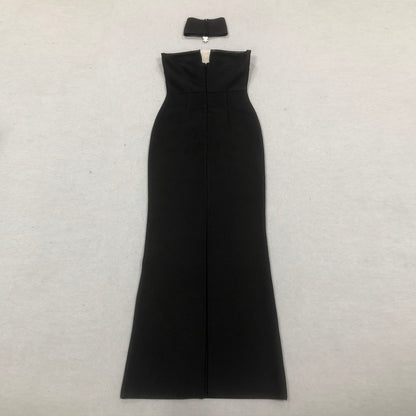 Strapless Crystal Choker Maxi Dress Black