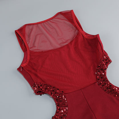 Mesh Sequin Cut Out Maxi Dress Red HV2834